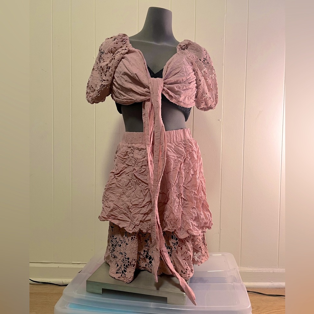 SHEIN Curve Plus 2XL Pale Pink Swiss Dot Guipure Lace Tie Front Top & Skirt Set